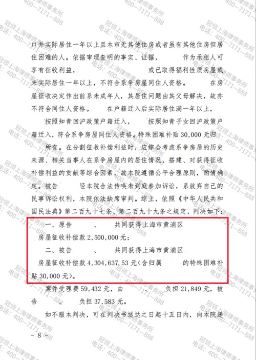 冠领律师代理上海黄浦共有纠纷案胜诉